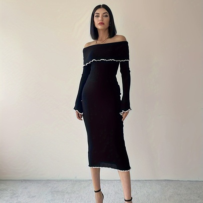 Women's Sheath Dress Sexy Boat Neck Backless Long Sleeve Solid Color Midi Dress Daily Date