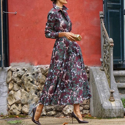 Women's Regular Dress Vintage Style Turndown Printing Pocket Long Sleeve Printing Maxi Long Dress Daily