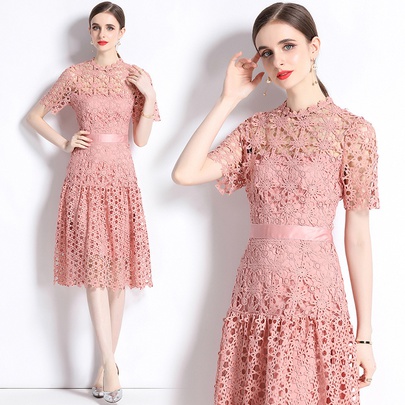Women's Regular Dress Streetwear Round Neck Lace Short Sleeve Solid Color Midi Dress Daily