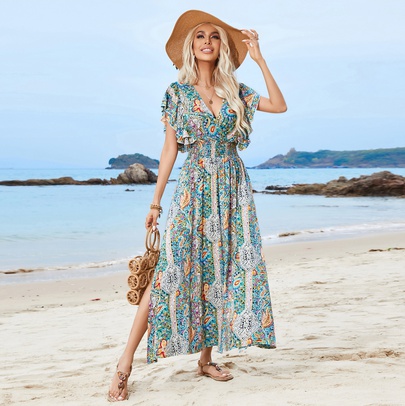 Women's Swing Dress Vintage Style Bohemian V Neck Printing Backless Short Sleeve Geometric Maxi Long Dress Beach