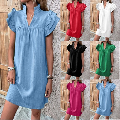 Women's Regular Dress Streetwear V Neck V-Opening Short Sleeve Solid Color Knee-Length Holiday Daily