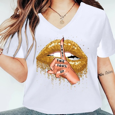 Women's T-shirt Short Sleeve T-Shirts Printing Streetwear Mouth Letter Hand