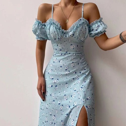 Women's Slit Dress Elegant Vacation Strap Deep V Printing Sleeveless Ditsy Floral Midi Dress Holiday