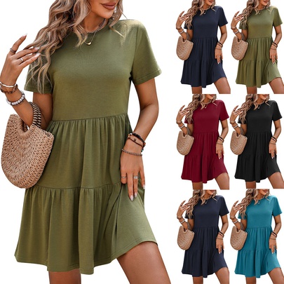 Women's Regular Dress Streetwear Round Neck Pleated Short Sleeve Solid Color Knee-Length Holiday Daily
