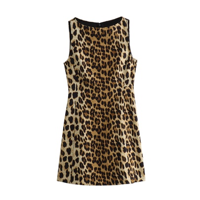 Women's Sheath Dress Streetwear Round Neck Sleeveless Leopard Knee-Length Daily Bar