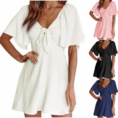 Women's Regular Dress Sexy V Neck Bowknot Short Sleeve Solid Color Above Knee Daily Date