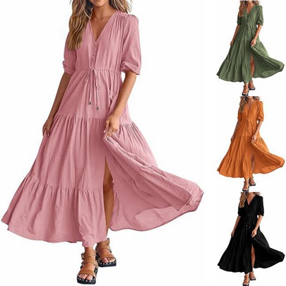 Women's Regular Dress Simple Style V Neck Button Short Sleeve Solid Color Maxi Long Dress Daily