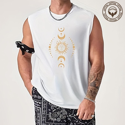 Men's Sun Moon Simple Style Round Neck Sleeveless Regular Fit Men's Tops