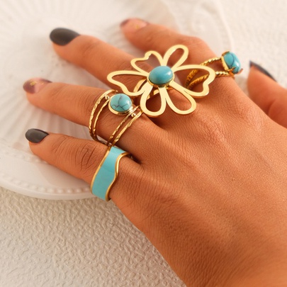 Casual Hawaiian Artistic Geometric Flower 304 Stainless Steel 14K Gold Plated Turquoise Rings In Bulk