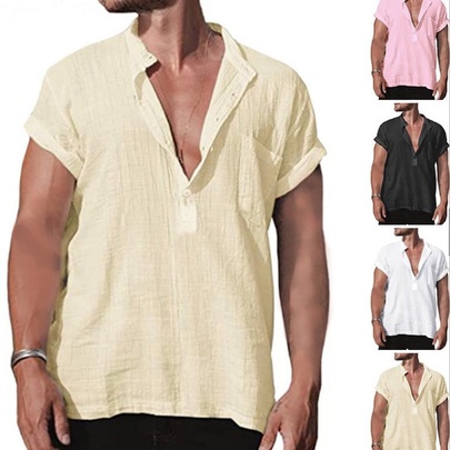 Men's Solid Color Simple Style Standing Collar Short Sleeve Loose Men's Tops