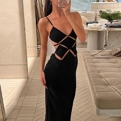 Women's Strap Dress Elegant V Neck Hollow Out Backless Sleeveless Solid Color Maxi Long Dress Casual
