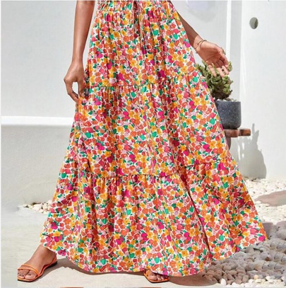 Summer Spring Autumn Tropical Flower Polyester Maxi Long Dress Skirts