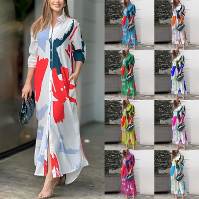 Women's Regular Dress Streetwear Turndown Printing Long Sleeve Abstract Midi Dress Daily