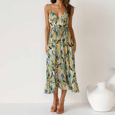 Women's Strap Dress Vacation V Neck Printing Sleeveless Plant Maxi Long Dress Holiday Daily