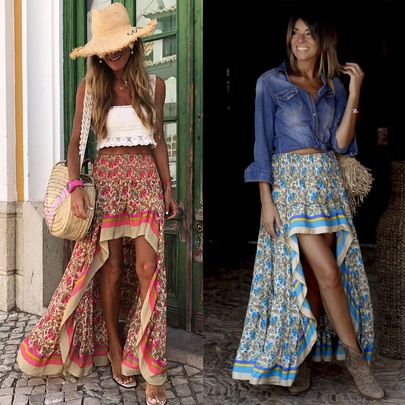 Summer Vacation Printing Polyester Maxi Long Dress Skirts