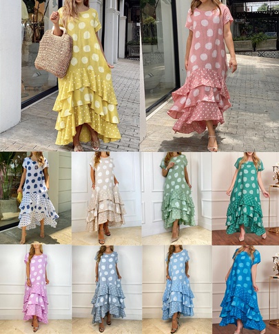 Women's Swing Dress Vacation Round Neck Printing Short Sleeve Round Dots Maxi Long Dress Holiday Daily