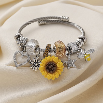 Wholesale Jewelry Casual Pastoral Sunflower Heart Shape Bee Alloy Resin Copper Rhinestones Enamel Inlay Bangle