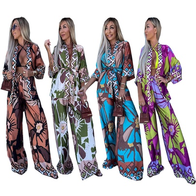 Holiday Outdoor Beach Women's Streetwear Color Block Polyester Printing Pants Sets Pants Sets