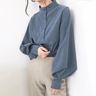 Women's Blouse Long Sleeve Blouses Washed Button Simple Style Solid Color