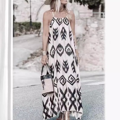 Women's Strap Dress Streetwear Strap Printing Backless Sleeveless Geometric Maxi Long Dress Daily Beach