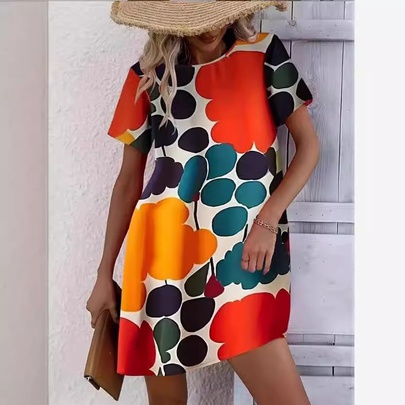 Women's Regular Dress Streetwear Round Neck Printing Short Sleeve Color Block Knee-Length Holiday Daily