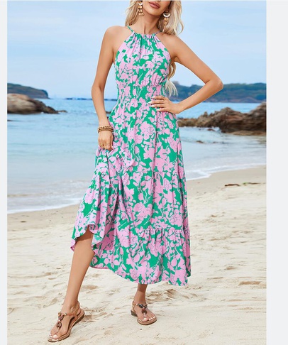 Women's Floral Dress Vacation Halter Neck Sleeveless Ditsy Floral Maxi Long Dress Midi Dress Casual Lawn Honeymoon
