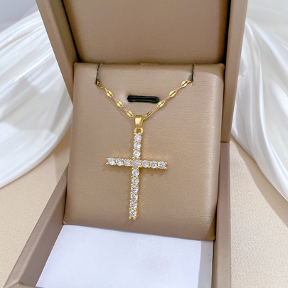 Titanium Steel Gold Plated Simple Style Classic Style Inlay Cross Zircon Pendant Necklace