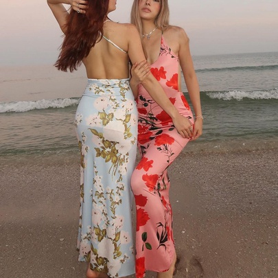 Women's Sheath Dress Vacation U Neck Printing Backless Sleeveless Flower Maxi Long Dress Holiday Beach