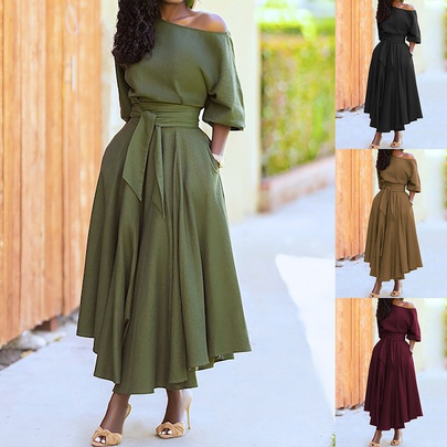 Women's Swing Dress Simple Style Oblique Collar Pocket 3/4 Length Sleeve Solid Color Maxi Long Dress Holiday Daily