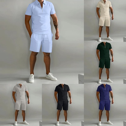 Men's Solid Color Simple Style V Neck Short Sleeve Regular Fit Men's Sets