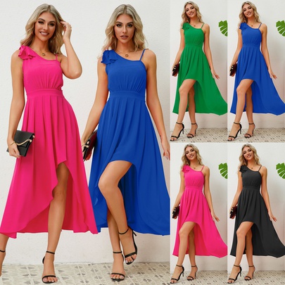 Women's One Shoulder Dress Elegant Oblique Collar Pleated Sleeveless Solid Color Midi Dress Banquet