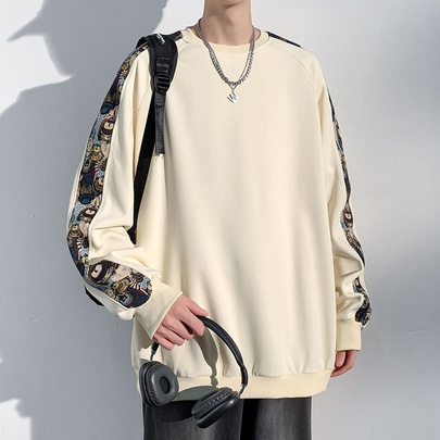 Men's Cartoon Solid Color Simple Style Round Neck Long Sleeve Loose Men's Tops