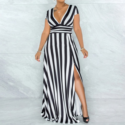 Women's Slit Dress Elegant Sexy Deep V Printing Short Sleeve Stripe Maxi Long Dress Holiday