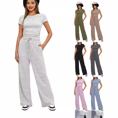 Holiday Daily Women's Casual Solid Color Polyester Pocket Pants Sets Pants Sets