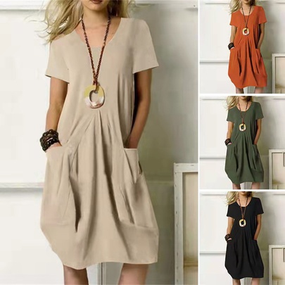 Women's Swing Dress Simple Style Round Neck Short Sleeve Solid Color Midi Dress Holiday Date