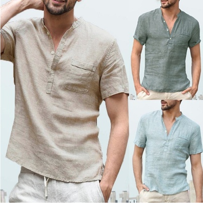 Men's Solid Color Simple Style V Neck Short Sleeve Loose Men's Tops