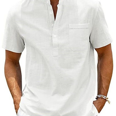 Men's Solid Color Streetwear Standing Collar Short Sleeve Loose Men's Tops