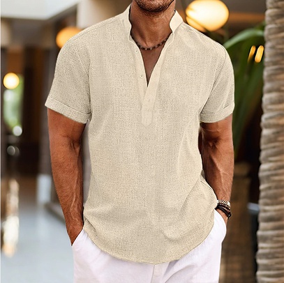 Men's Solid Color Simple Style Standing Collar Short Sleeve Regular Fit Men's Tops