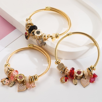 Casual Vacation Classic Style Red Heart Beetles 304 Stainless Steel 14K Gold Plated Rhinestones Bangle In Bulk