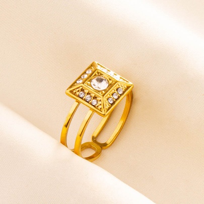304 Stainless Steel 18K Gold Plated IG Style Classic Style Inlay Geometric Rhinestones Adjustable Ring