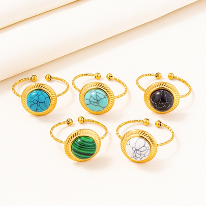 304 Stainless Steel 18K Gold Plated Elegant Vintage Style Lady Inlay Geometric Artificial Gemstones Imitating Stone Open Rings