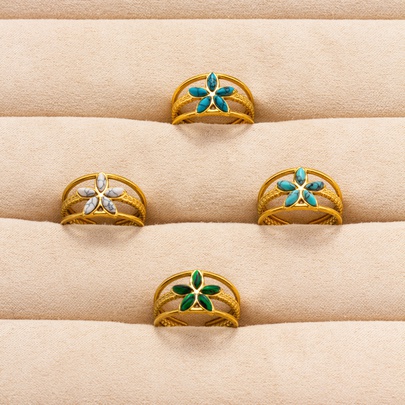 304 Stainless Steel 18K Gold Plated Classical Vintage Style Classic Style Inlay Geometric Flower Artificial Gemstones Imitating Stone Open Rings