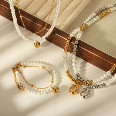 304 Stainless Steel 18K Gold Plated IG Style Basic Commute Plating Inlay Round Artificial Pearls Bracelets Necklace