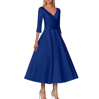 Women's Swing Dress Streetwear V Neck 3/4 Length Sleeve Solid Color Midi Dress Banquet Daily