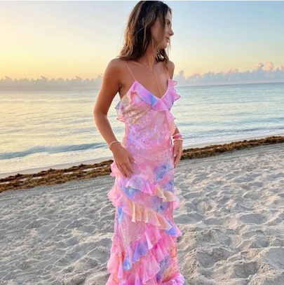 Women's Sheath Dress Sexy Strap Printing Sleeveless Gradient Color Midi Dress Outdoor Beach Date
