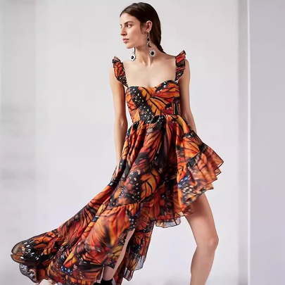Women's Strap Dress Streetwear Strap Sleeveless Printing Asymmetrical Dress Casual