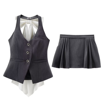 Holiday Date Women's Preppy Style Color Block Bow Knot Polyester Pocket Skirt Sets Skirt Sets