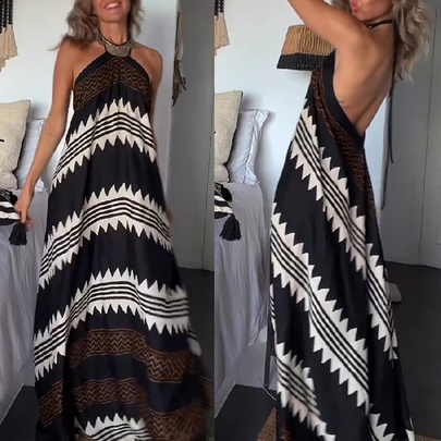 Women's Swing Dress Casual Vintage Style Vacation Halter Neck Printing Backless Sleeveless Printing Maxi Long Dress Holiday Travel