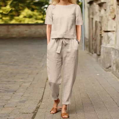 Holiday Daily Women's Casual Simple Style Solid Color Cotton And Linen Pants Sets Pants Sets