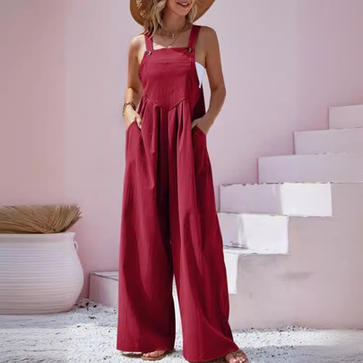 Casual Streetwear Solid Color Pleated Polyester Jumpsuits